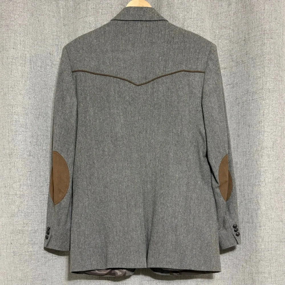 Pendleton Mens 44 Long Grey Herringbone Wool Western Blazer Elbow Patches Jacket